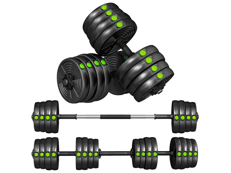  Ensemble d'haltères 2 en 1 (barre et haltères), 30 kg, antidérapant, respectueux des sols, noirvert  - Conforama A