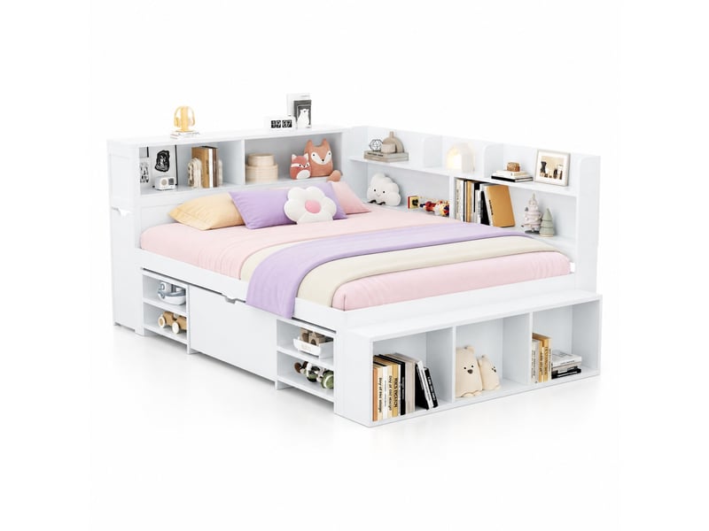  Lit enfant 200×140 cm avec tiroir, placards et étagères, sommier à lattes, sans matelas, en contreplaqué blanc  - Conforama A