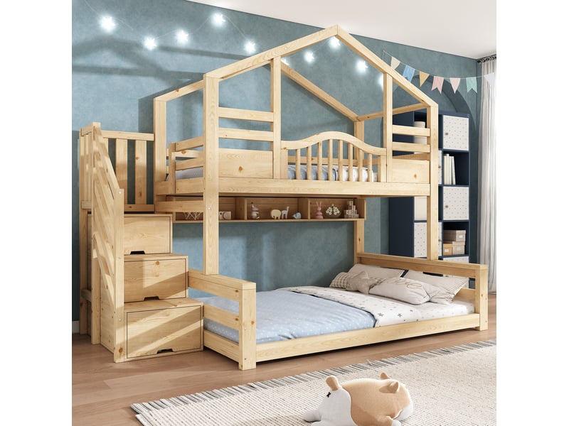  Lit superposé enfant 90x200 et 140x200 cm avec escalier-rangement, naturel  - Conforama B