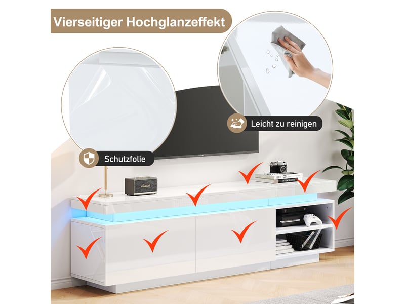  Meuble tv bas laqué brillant rayofi 170 cm avec éclairage led, support tv jusqu'à 70 pouces, 2 portes, 2 étagères ouvertes, blanc  - Conforama W