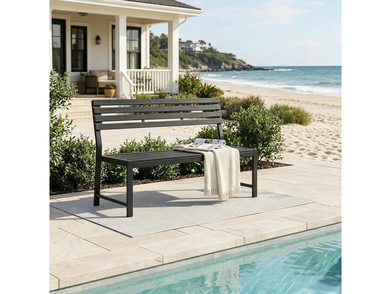  Banc de jardin 115x55x85 cm avec dossier, structure stable pour extérieur, métal et lames ps noires  - Conforama E