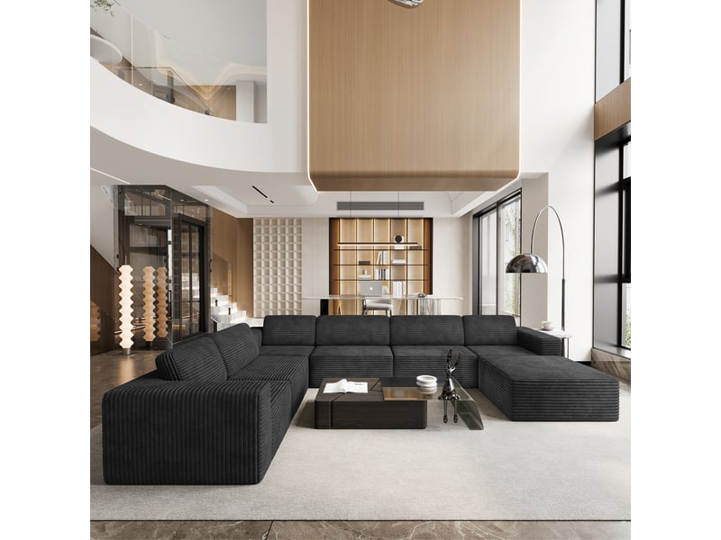  Canapé modulaire panoramique 7 places ouvert à droite,velours côtelé,1 pouf,canapé compressé pour grand salon,404x303x82cm,noir 404x303x82CM - Conforama B