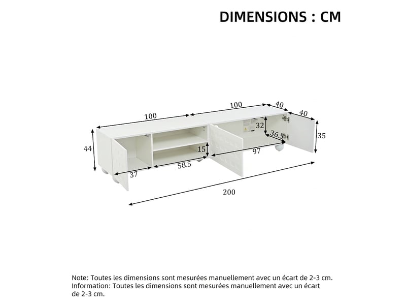  Meuble tv 200 cm blanc 3 portes avec motifs imprimés, pour téléviseur jusqu'à 80 pouces, 5 pieds stables  - Conforama C