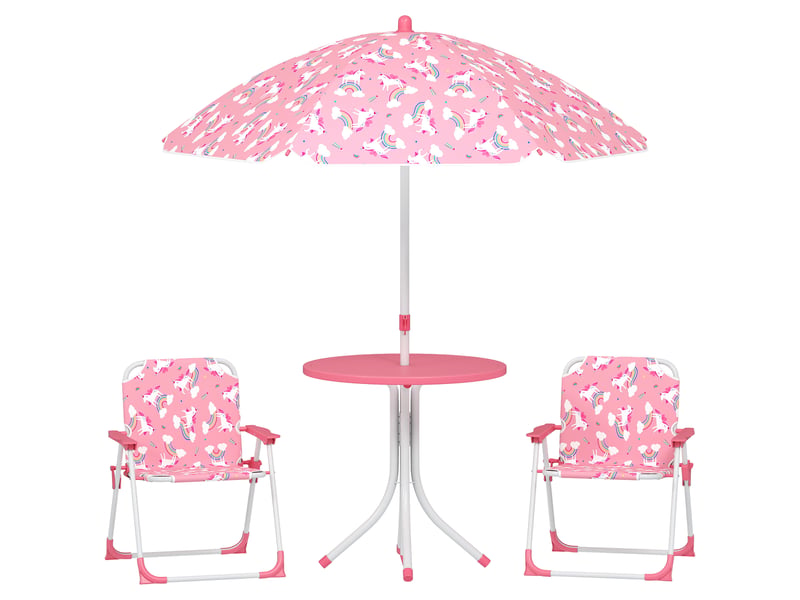 Ensemble table et chaises de jardin pour enfants 4 pièces, chaises pliantes, parasol amovible, motif licorne rose - Conforama A