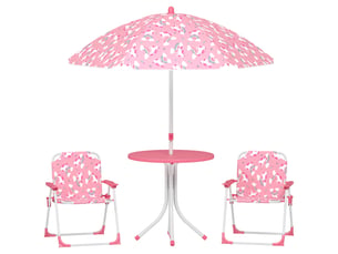 Ensemble table et chaises de jardin pour enfants 4 pièces, chaises pliantes, parasol amovible, motif licorne rose