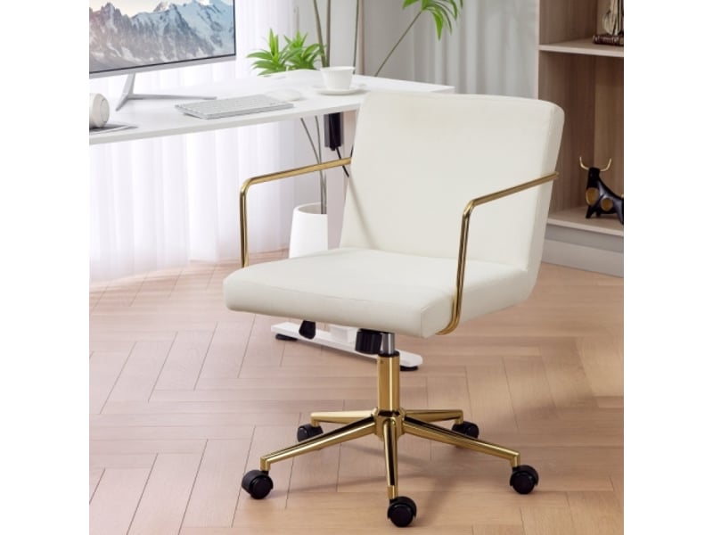  Chaise de bureau à roulettes, base métal doré, tissu aspect velours, crème, confortable  - Conforama B