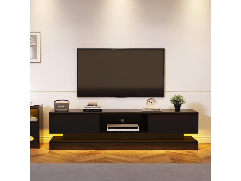  Meuble tv moderne brillant led 160 x 35 x 40,5cm,commode tv élégante avec 2 tiroirs,contrôle du app,anti-basculement,noir  - Conforama C