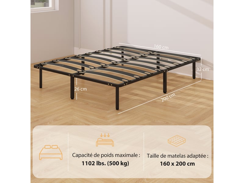  Cadre de lit 160 x 200 cm, lit 2 personnes avec sommier à lattes en bois massif et pied, avec rangement au-dessous, noir  - Conforama C