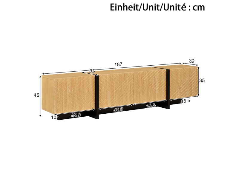  Meuble tv 187x32x45 cm avec 4 portes et passe-câbles, pour le salon, en mdf et panneau de particules, naturel et noir  - Conforama C