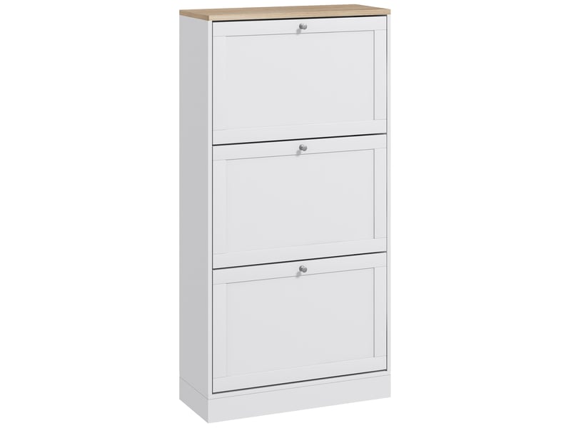  Meuble à chaussures moderne avec 3 tiroirs abattants et étagères réglables pour 18 paires de chaussures, 60 x 23,5 x 115 cm, blanc  - Conforama A