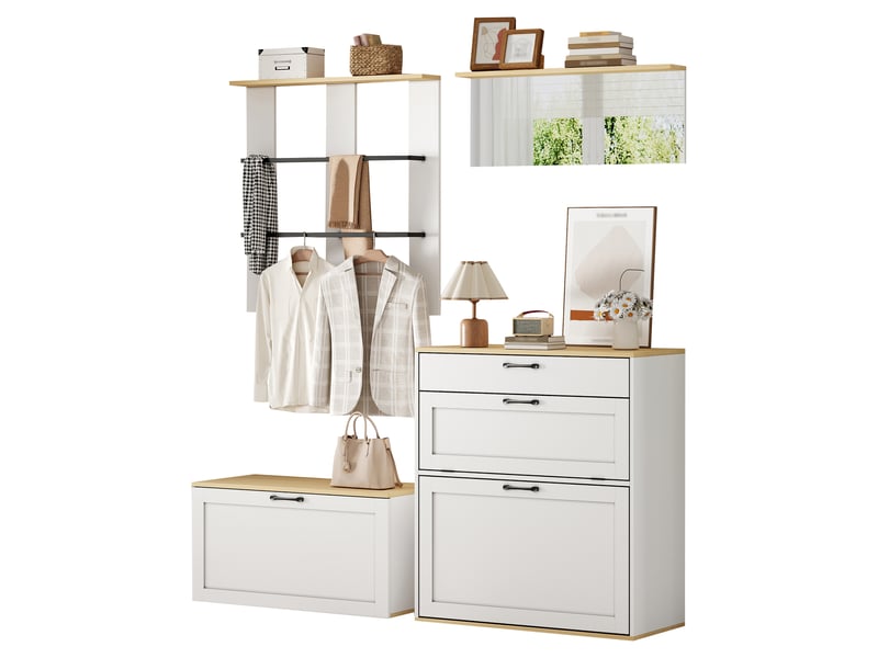 Meubles d'entrée avec meuble à chaussures, tiroir, 2 portes, miroir et 2 tringles modulable en mdf 156×36×176 cm - Conforama A