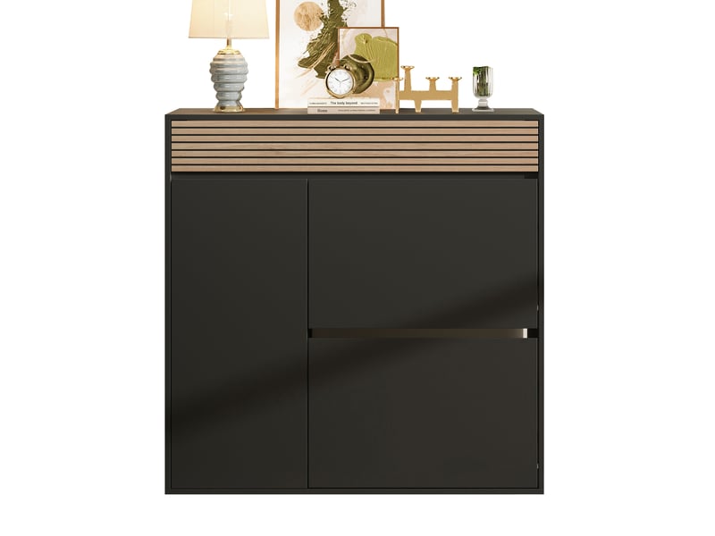  Meuble à chaussures étroit 100x35x105 cm avec tiroir et portes abattantes mdf noir + bois naturel  - Conforama A