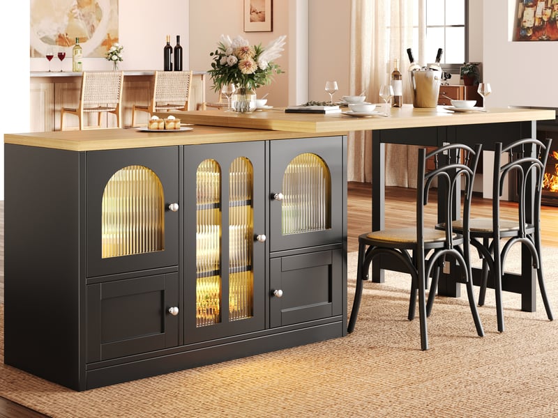  Îlot de cuisine extensible 120-197 cm, table pivotante, portes vitrées, éclairage led rgb, noir, style contemporain  - Conforama B