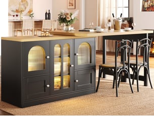 Îlot de cuisine extensible 120-197 cm, table pivotante, portes vitrées, éclairage led rgb, noir, style contemporain