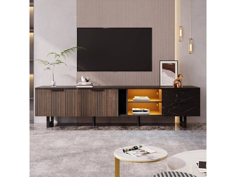Meuble tv 200 cm effet marbre noir et bois foncé avec led contrôlable par application - Conforama B