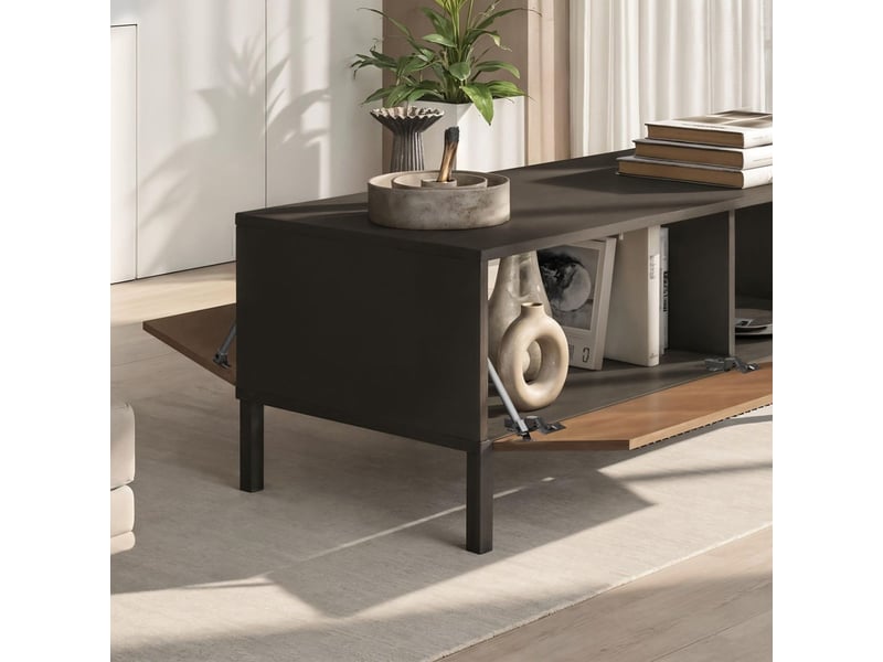 Table basse gris lave et aspect bois relief effet tasseaux pieds métal - ticoria TICORIA - Conforama E