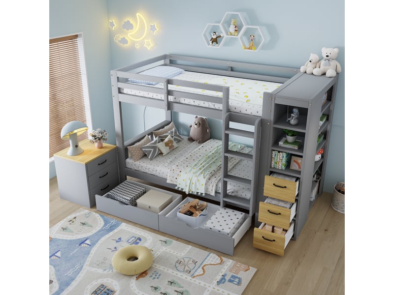  Lit superposé 90x200cm - lit enfant avec 2 tiroirs de lit, bibliothèque latérale, échelle &amp; table de chevet - gris et bois  - Conforama C