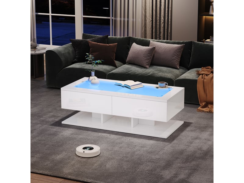  Table basse blanche brillante 100x50x35 cm, table de salon avec tiroirs et plateau en verre trempé, table basse led  - Conforama B