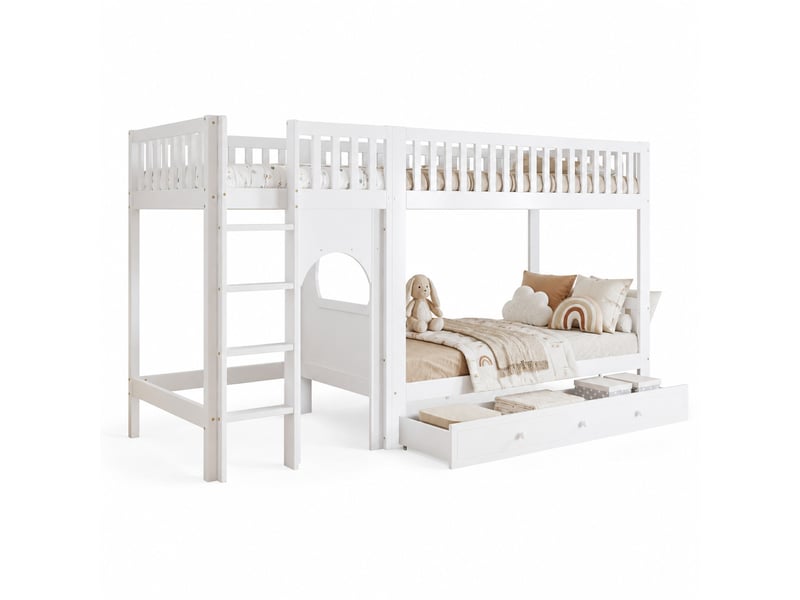  Lit superposé enfant 90x200 cm – blanc et naturel – échelle 4 marches et barrières 4 côtés – sans matelas  - Conforama A