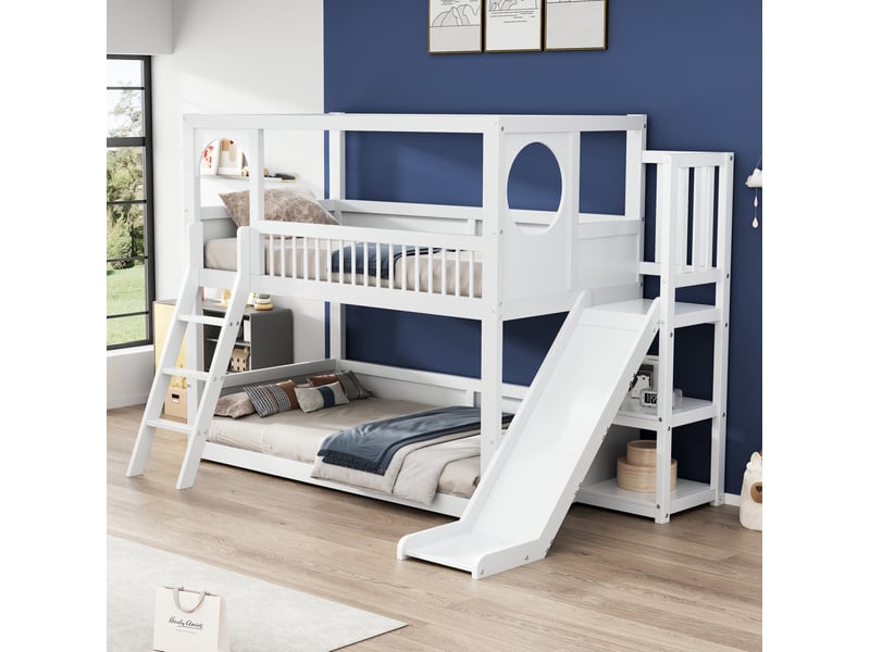  Lit superposé enfant avec toboggan et rangements, couchages 90x200 cm, blanc  - Conforama B