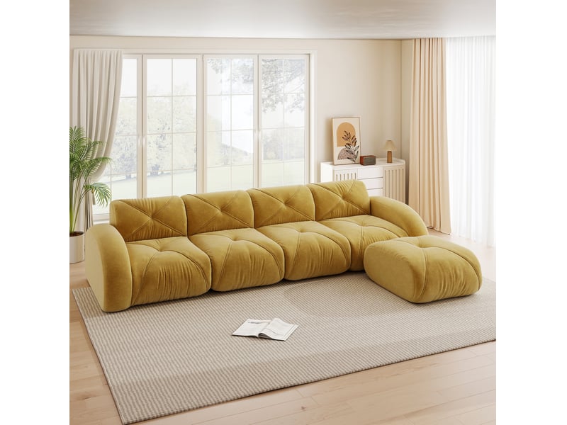  Canapé modulable 4 places 358x171x76 cm, sans montage, assise moelleuse, avec pouf, revêtement en chenille, jaune  - Conforama E