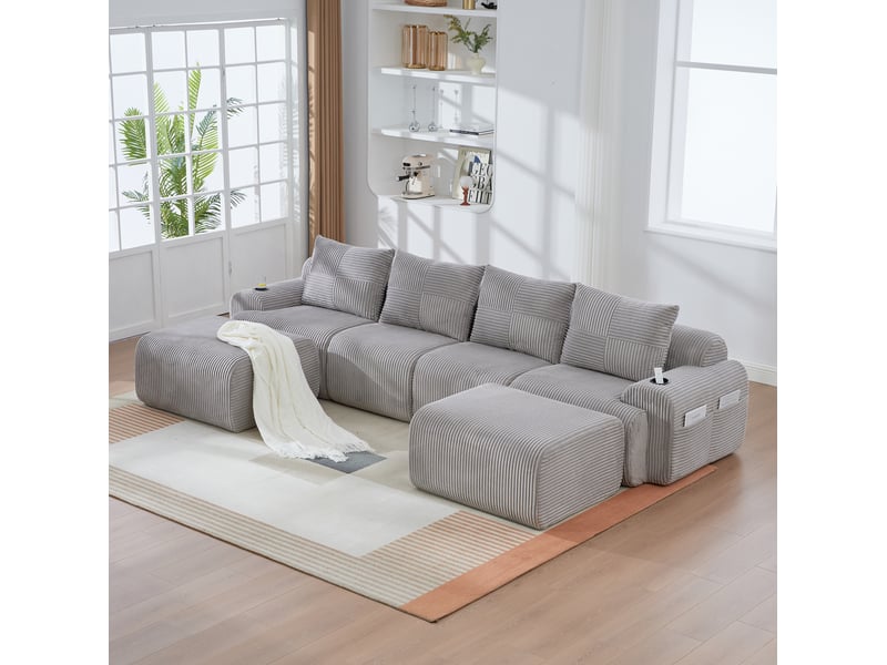 Canapé modulable 4 places en velours côtelé gris clair avec 2 poufs, porte-gobelets et poche latérale - Conforama D
