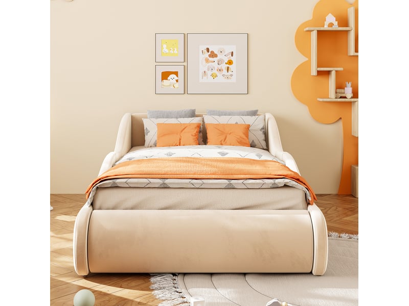 Lit enfant 90 × 200 cm avec tête de lit haute et barrières latérales, rembourré en velours beige pour chambre - Conforama D