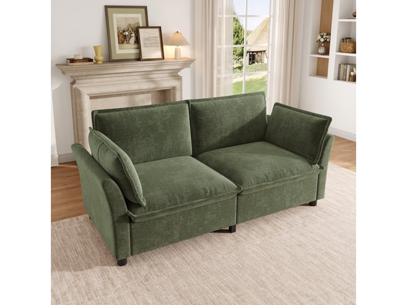  Canapé 2 places en tissu chenille vert, 2 coussins d'accoudoir, montage facile, 155×81×87 cm  - Conforama R