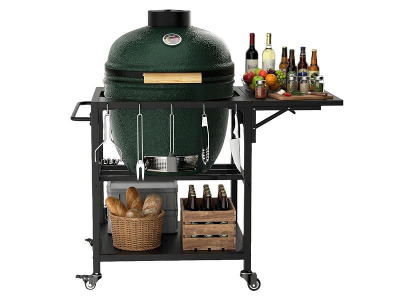  Table barbecue extérieur big green egg chariot métal robuste roulettes rangement crochets housse amovible grand barbecue compatible  - Conforama D
