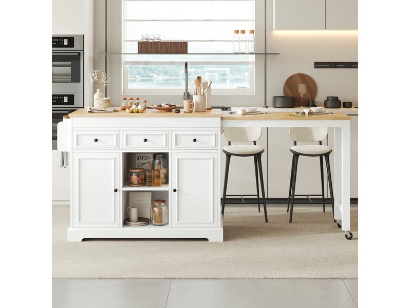  Desserte de cuisine mobile avec plateau extensible, 3 tiroirs et rangement à épices, blanc et naturel 112 × 45 × 92 cm  - Conforama B