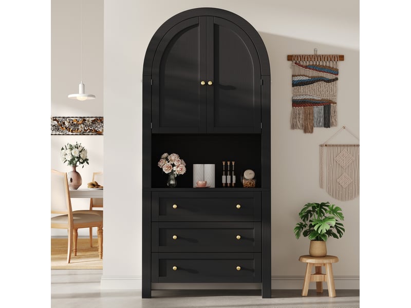  Armoire haute de rangement 70 x 35 x 180 cm, 3 tiroirs, mdf noir et portes arquées  - Conforama E