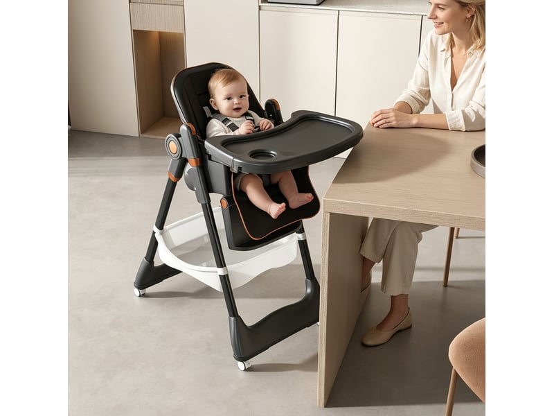 Chaise haute bébé tcqpz réglable et pliable 53 x 76 x 95 cm avec double plateau amovible, harnais 5 points, roulettes verrouillables, noire - Conforama E