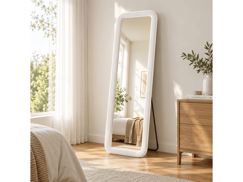  Miroir pleine longueur 160x50 cm, dressing rectangle arrondi, pour chambre et salon, cadre en velours style romantique, avec pied u, blanc  - Conforama C