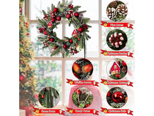 Couronne de noël lumineuse 55 cm, guirlande verte avec cannes en sucre, pommes de pin, baies et nœuds