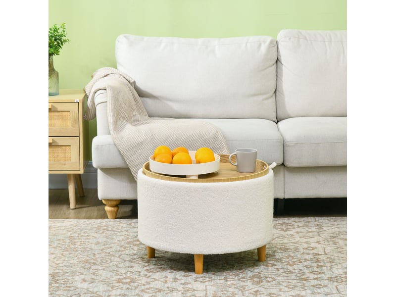  Pouf rond 56x42 cm avec rangement et couvercle rabattable, blanc  - Conforama B