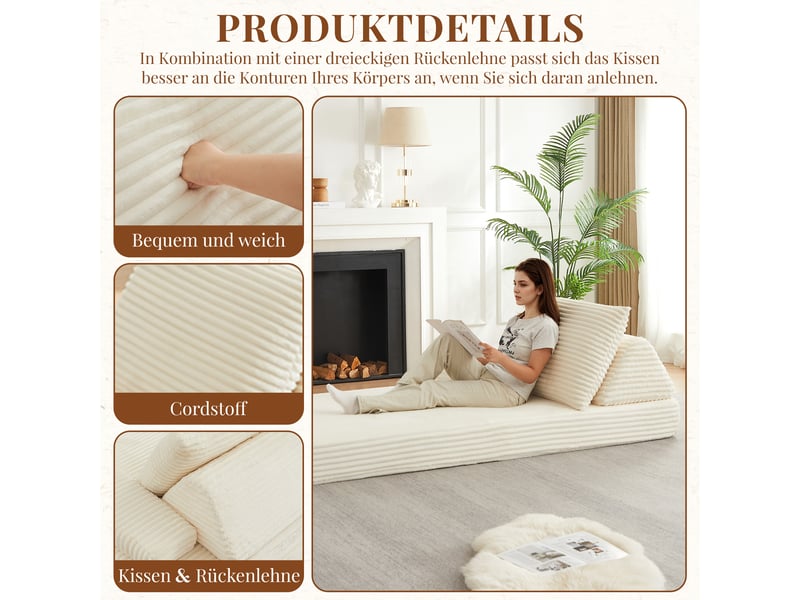  Canapé convertible 2 places en velours côtelé 211 cm, convertible sofa et lit, 2 dossiers triangulaires, 2 coussins, beige  - Conforama E