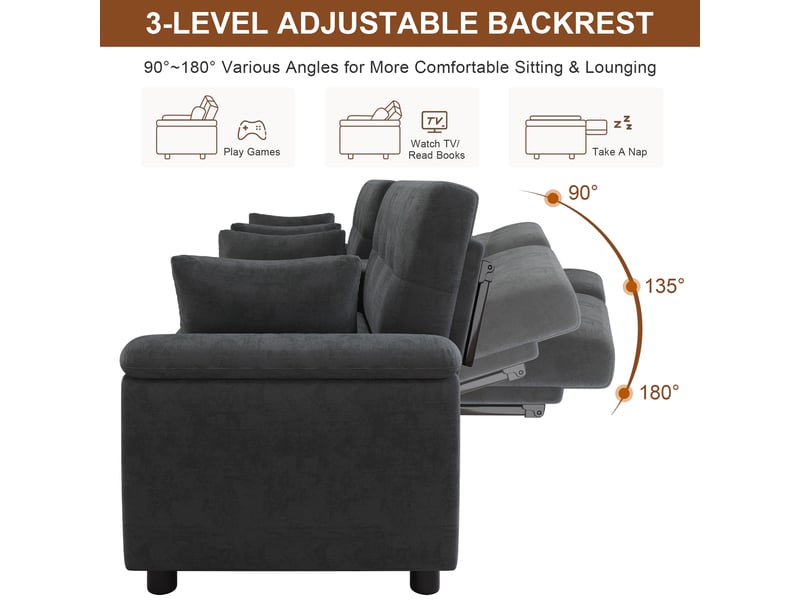 Canapé d'angle convertible en u, tissu chenille gris foncé, lit double extensible avec dossier réglable pour grand salon, 284x138x89 cm - Conforama E