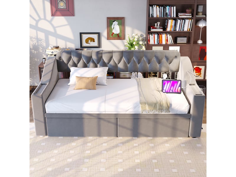  Lit canapé rembourré en velours gris clair 90x190 cm  - Conforama E