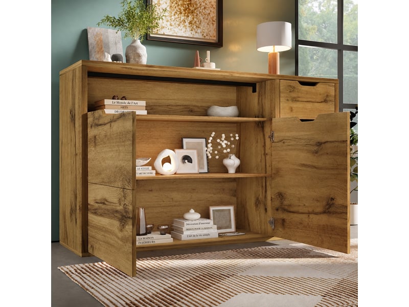 Buffet effet chêne 150 cm avec niche ouverte, 2 portes et 4 tiroirs - Conforama B