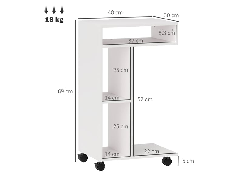  Table d’appoint en c avec 4 étagères et roulettes avec freins pour le salon ou la chambre blanche 40 × 30 × 69 cm  - Conforama C