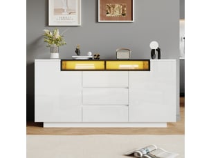 Buffet de salon 140 cm avec led et 3 tiroirs, meuble de rangement blanc et noir