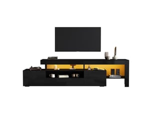 Meuble tv bas 192x37x53 cm pour tv 85 pouces, led, 3 portes abattantes, niches ouvertes, finition brillante - noir