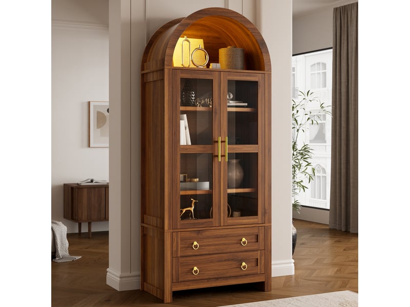  Buffet avec led 76x40x180 cm, 2 portes en verre trempé et 2 tiroirs, design rétro, mdf et panneau de particules, marron  - Conforama D