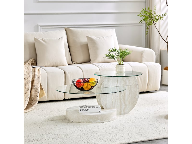 Table basse à niveaux avec deux plateaux en verre de sécurité et rangement ouvert en mdf gris clair pour salon - Conforama B
