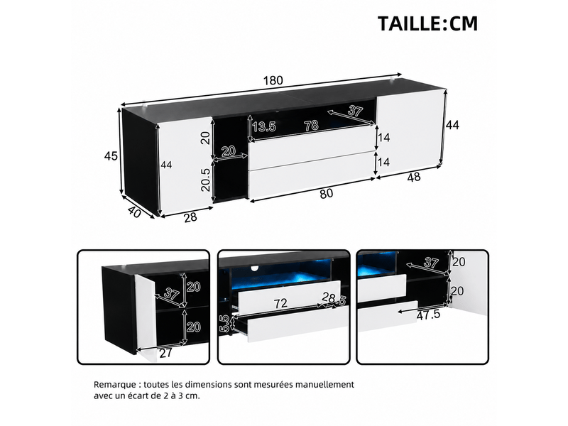  Meuble tv bas led noir et blanc – 180 x 40 x 45 cm – 2 tiroirs et 2 placards  - Conforama D