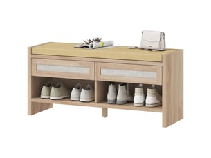 Banc chaussures entrée, banc de rangement, assise rembourrée en lin, 2 tiroirs en rotin et étagère ouverte, chêne
