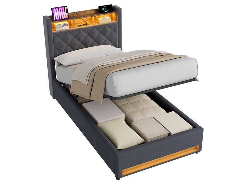  Lit coffre 90x190 cm gris en velours avec led multicolore, usb et rangement intégré  - Conforama A