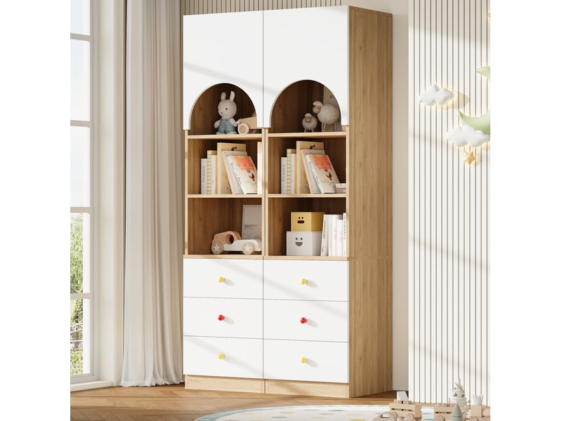  Lot de 2 bibliothèques hautes blanches et bois clair avec 3 tiroirs, 3 étagères et portes arquées pour enfant  - Conforama B