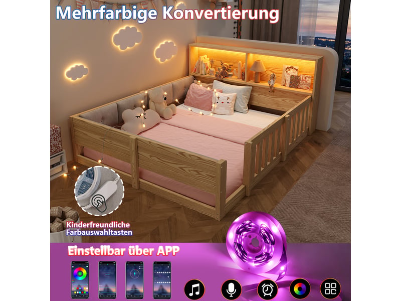  Lit enfant simple avec barrière 140×200 cm, éclairage led réglable et étagères - okmyhome- naturel, sans matelas  - Conforama E