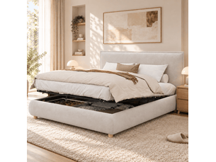 Lit coffre, lit adulte 2 places 160x200 cm hydraulique avec rangement et tête de lit, couleur crème, sans matelas